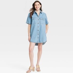 Universal Thread L Light Blue Denim Shirt Dress Short Sleeve Button Pocket